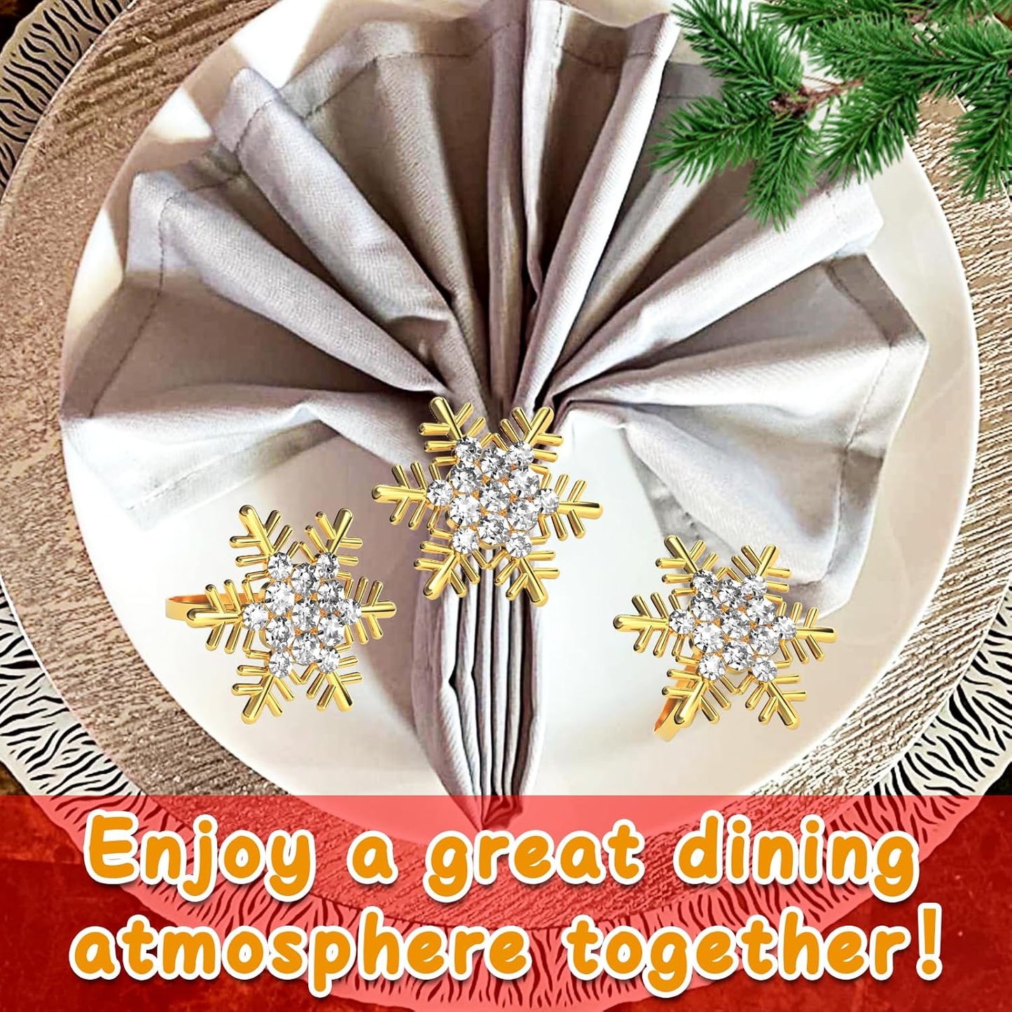 Halatool Christmas Napkin Rings Set of 8, Gold Snowflake with White Rhinestone Napkin Holder for Christmas Thanksgiving Winter Holiday Place Setting, Weddings, Party Table Decoration