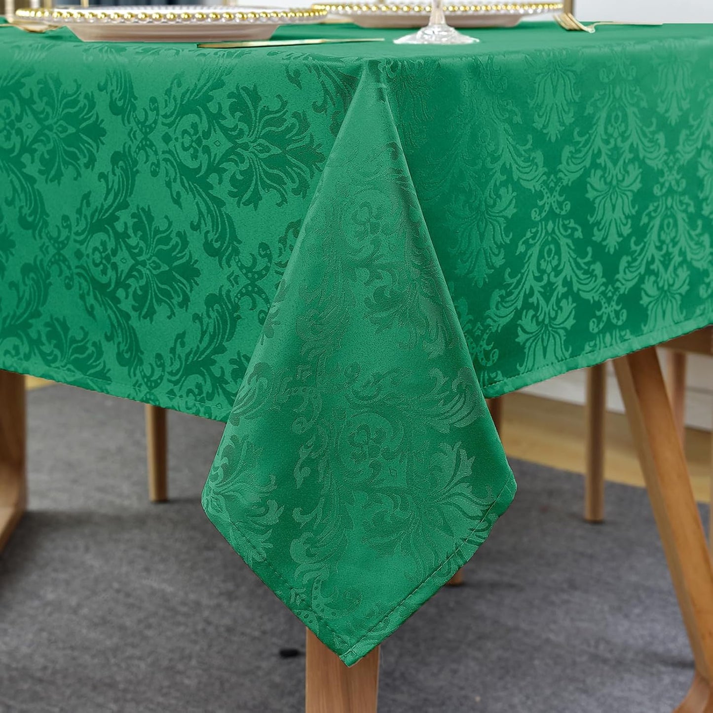 Christmas Green Square Jacquard Tablecloth, Damask Table Cloth, Spill Proof Wrinkle Resistant Tablecloths, Soft Polyester Oblong Table Cover for Holiday,Winter,Kitchen,Parties (Green, 52X52")