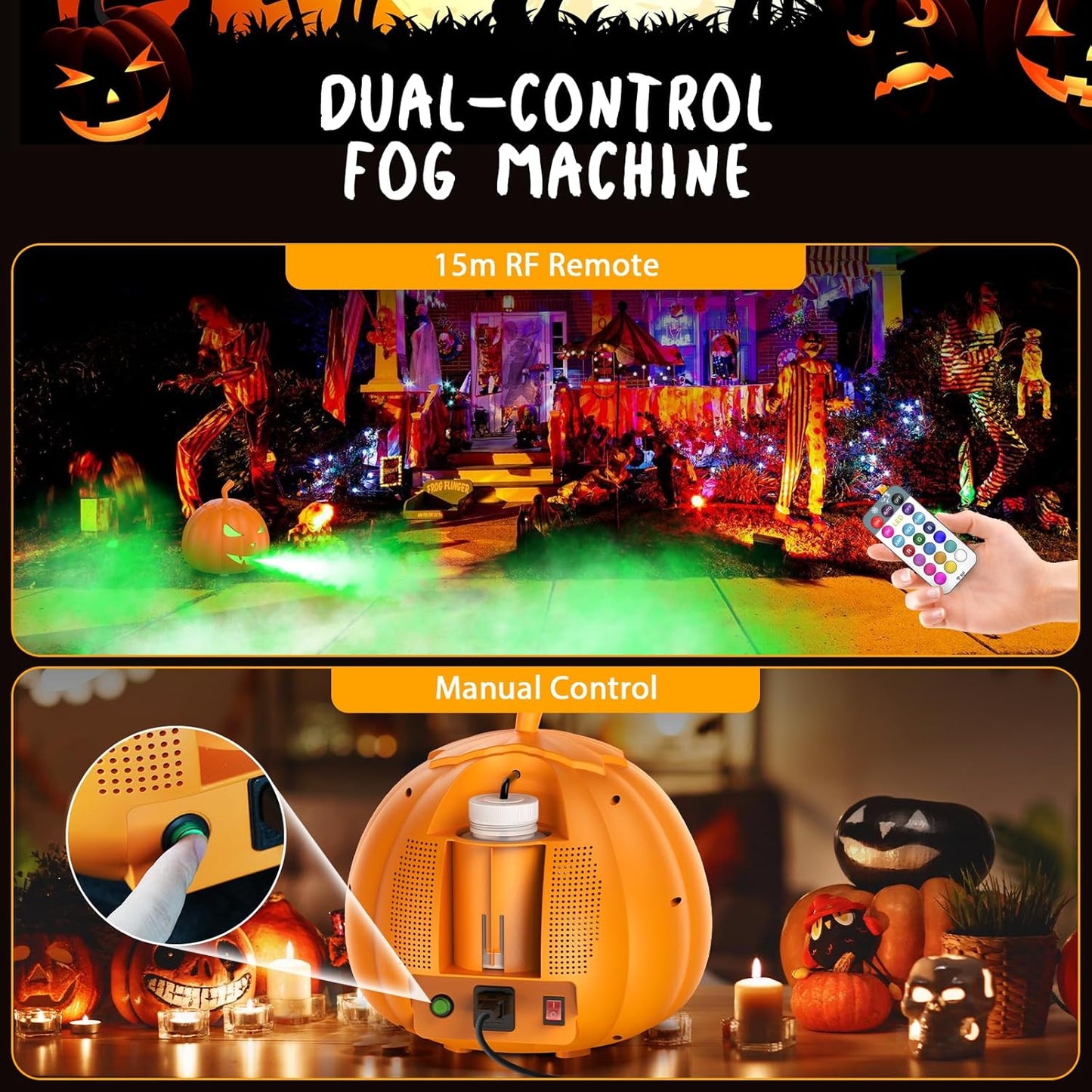 Fog Machine with LED RGB Lights, 800W Halloween Fog Machine with Remote Control, Pumpkin Smoke Machine 12 Colors Lighting Effect for Halloween Band DJ Show Club Outdoor Camping, 2 Pack