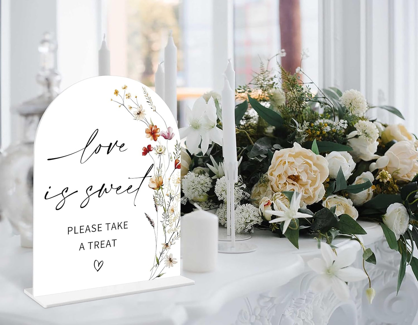 Boho Floral Love is Sweet Sign, 6 x 8 Inch White Arch Acrylic Wedding Sign with Holder, Wedding Sign for Ceremony and Reception, Wedding Decoration, Wedding Supplies - BX07