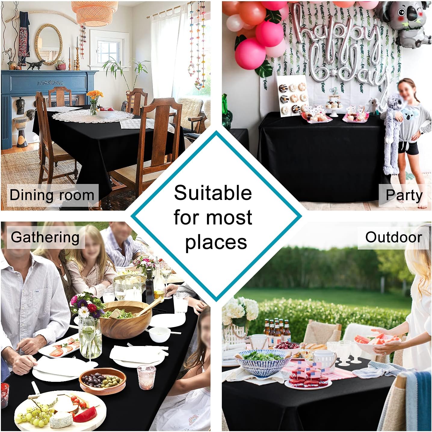 Hiasan 2 Pieces Black Tablecloth Rectangle - Waterproof and Wrinklr Resistant Washable Polyester Fabric Table Cloth for Dining Room and Outdoor Use, 90 x 156 Inch