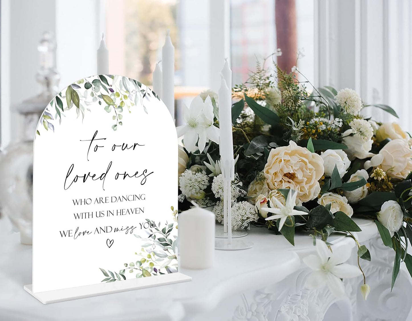 Greenery Wedding Memorial Sign, 6 x 8 Inch White Arch Acrylic Wedding Sign with Holder, Wedding Sign for Ceremony and Reception, Wedding Decoration, Wedding Supplies - LY11