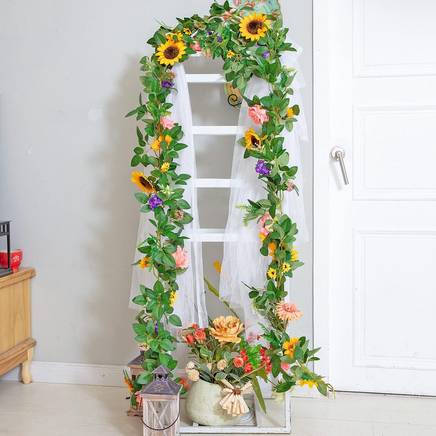 Naidiler Artificial Flower Garland, Sunflower & Rose Vines, Boho Wedding & Birthday Decor, 6ft Straight, Pink & Yellow, Fabric & Plastic