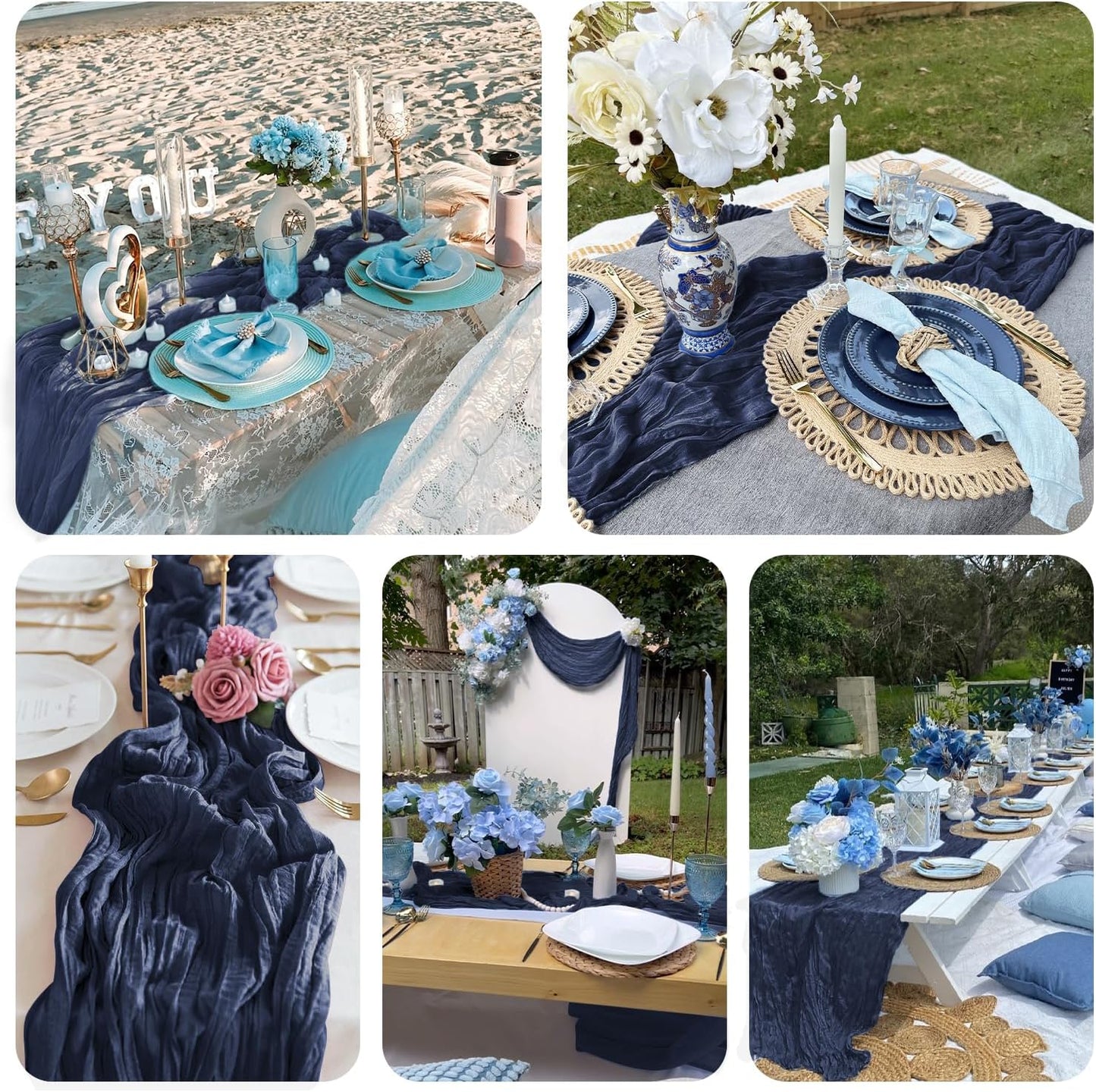 3 Pack Navy Blue Cheesecloth Table Runner 10FT Boho Gauze Cheese Cloth Table Runner Blue for Wedding Party Baby Shower Birthday Summer Home Decor Holiday Decorations