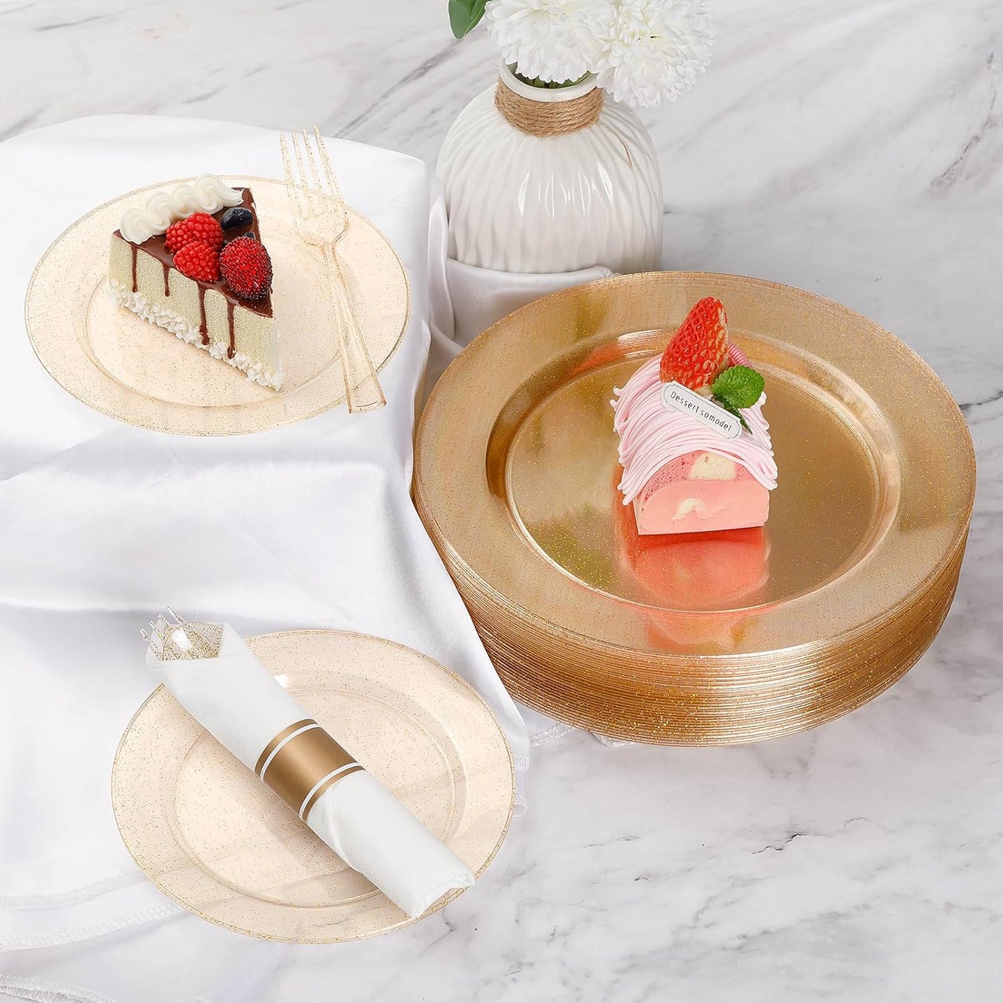 Goodluck 350 Piece Gold Glitter Plastic Dinnerware Set for 50 Guests, Disposable Plates for Party, Include: 50 Dinner Plates, 50 Dessert Plates, 50 Rolled Napkins with Silverware, 50 Cups