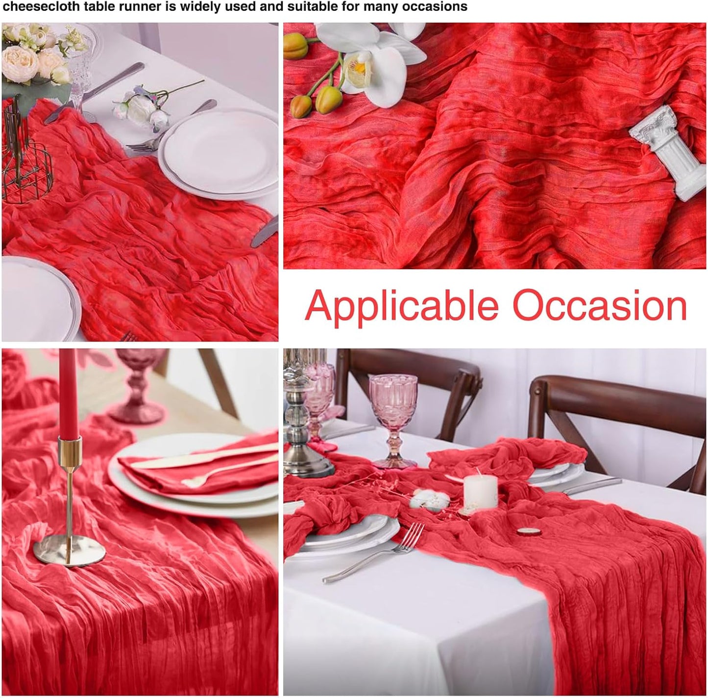 12 Pack Red 10 Ft Cheesecloth Table Runner 20x120 Inch Boho Wrinkled Sheer Romantic Gauze Decor for Wedding, Bridal Shower, Birthday Party