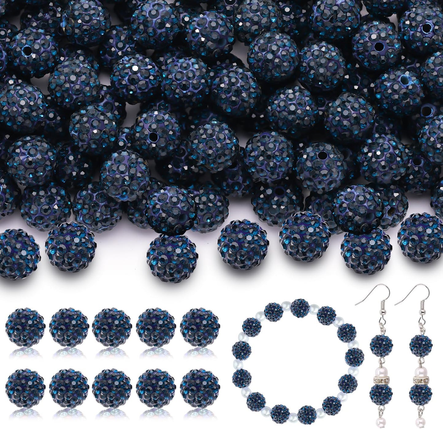 160pcs 10mm Rhinestone Beads for Jewelry Making, Blue Black Shiny Round Disco Ball Beads Bulk, Sparkle Crystal Clay Christmas for Bracelet Baseball Necklace Earring Crafting and DIY