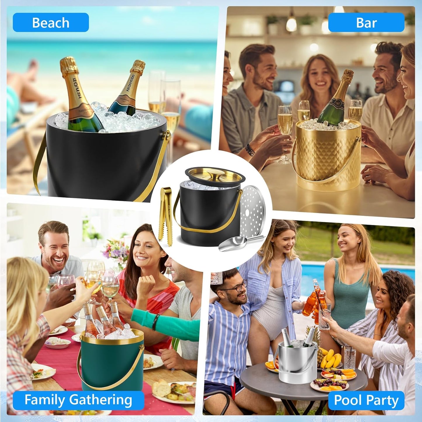 Ice Bucket, Ice Bucket with Silicone Sealing Ring Double-Wall Vacuum Insulation Champagne Buckets with Filter Layer Ice Tongs Ice Scoop (Silver, 4 L)