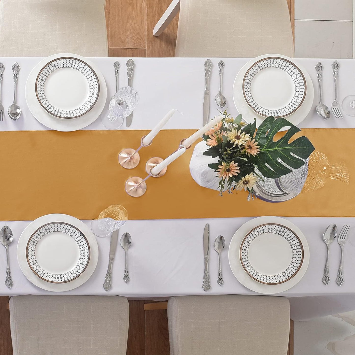 12Pack Table Runner 12 x 108 Inches Satin Silk Table Runner for Wedding, Birthday Party, Banquets, Graduations Decoration, fit Rectange and Round Table-Gold