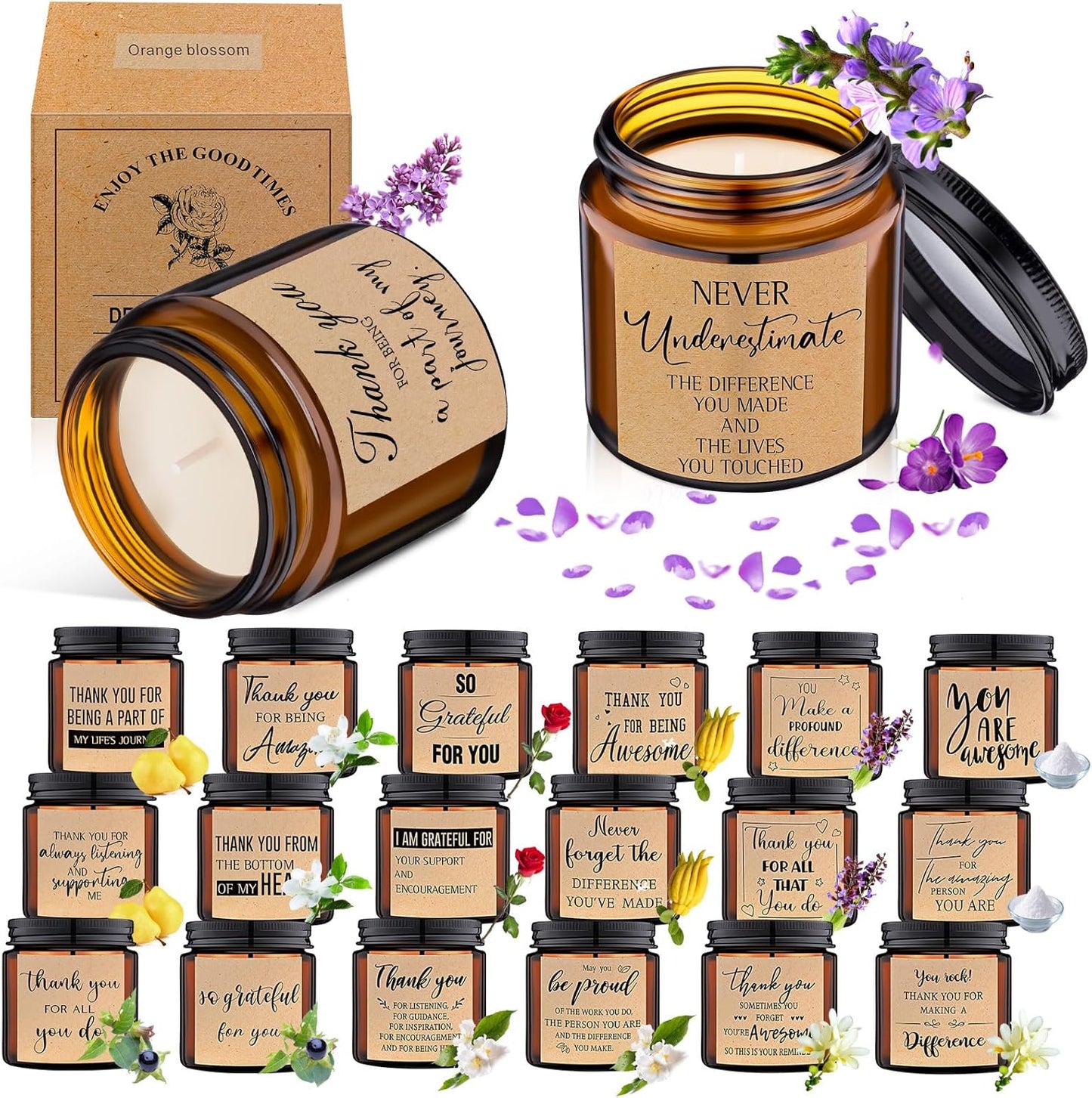 MTLEE 20 Pcs Thank You Gifts Candles 3.5 oz Employee Appreciation Inspirational Scented Soy Wax Candle Thank You Gift Christmas Gifts for Coworker Women Volunteer Teacher(Appreciation,Brown)