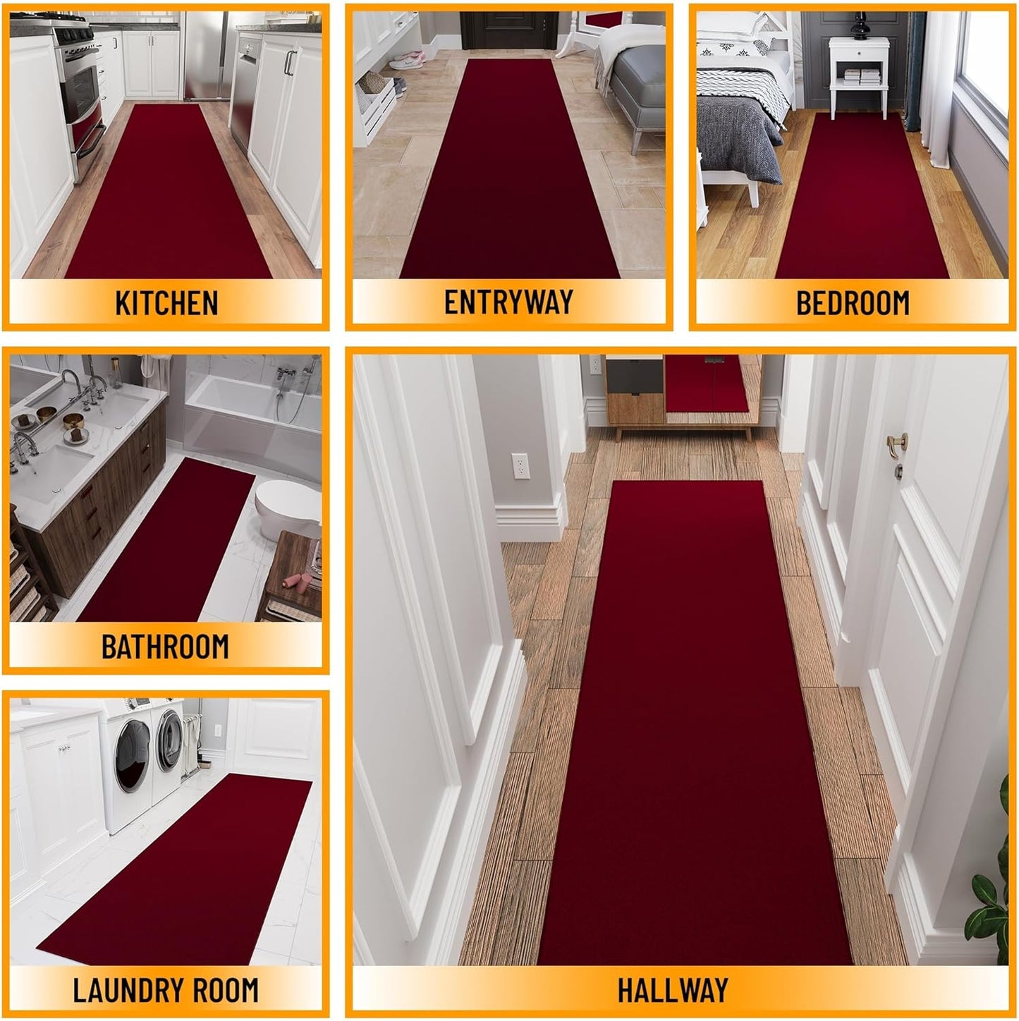 Sweet Home Stores SH Non-Slip Solid Rubberback Indoor Runner Rug for Kitchen, Hallways, Bathroom, Entrance, Bedroom, 2'7" x 12', Red