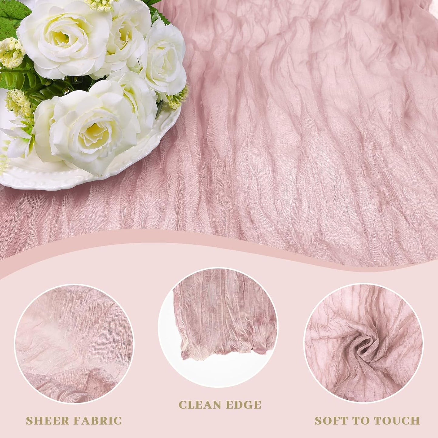 Le courant 12pcs 10Ft Cheesecloth Table Runner, Rustic Boho Gauze Cheese Cloth Runner Table Runner for Weddings Bridal Baby Shower Birthday Holiday Parties Home Decor, Dusty Pink