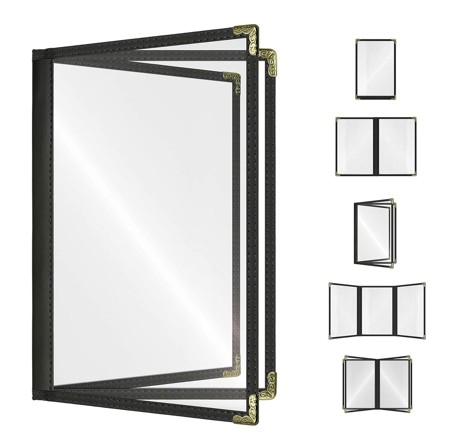 Goodsmart Restaurant Menu Covers – 25 Pack Black 6-View Booklet 8.5" x 14", Side-Loading Vinyl & Plastic Menu Holders, Clear Menu Sleeves, Leather-Style Café Covers with Gold Corners