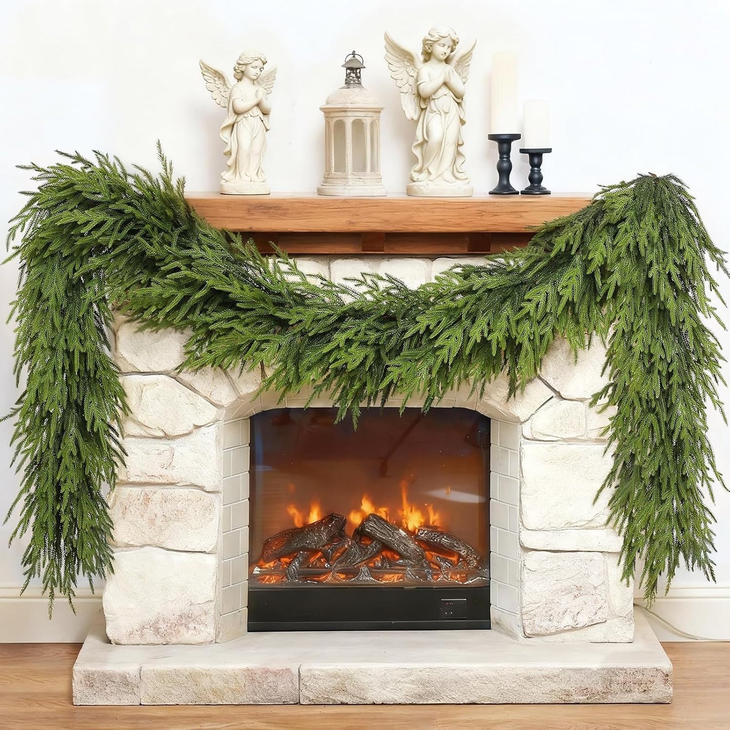 9FT Christmas Artificial Norfolk Pine Garland for Fireplace - Realistic Faux Greenery Fake Garland for Holiday,Table, Window,Mantel,Stairs, Home,Indoor Outdoor Decor (1PCS)