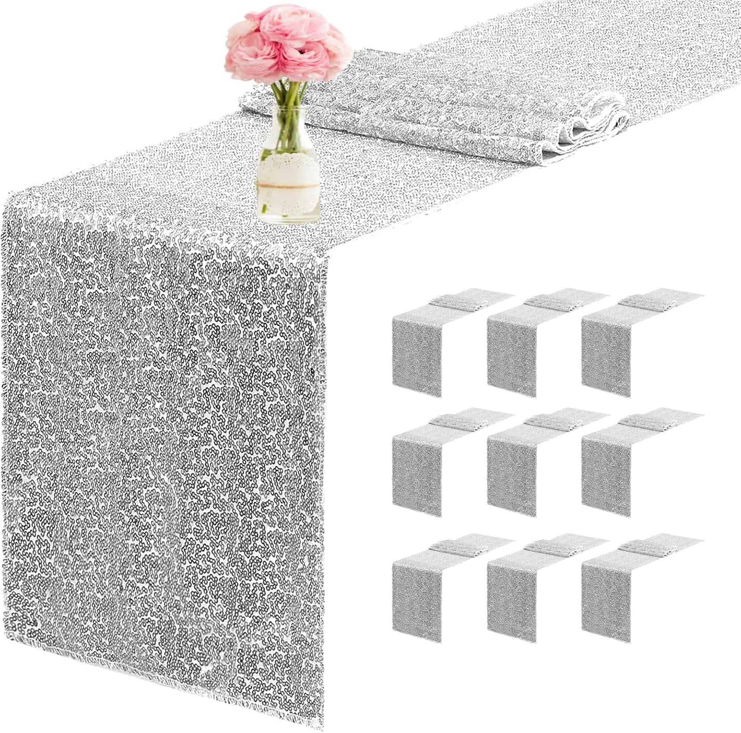 10 Packs 12 x 72 inches Sequin Table Runner, Silver Glitter Table Runner for Birthday Party Supplies Wedding Engagement Baby Shower Holiday Celebration Event Decorations
