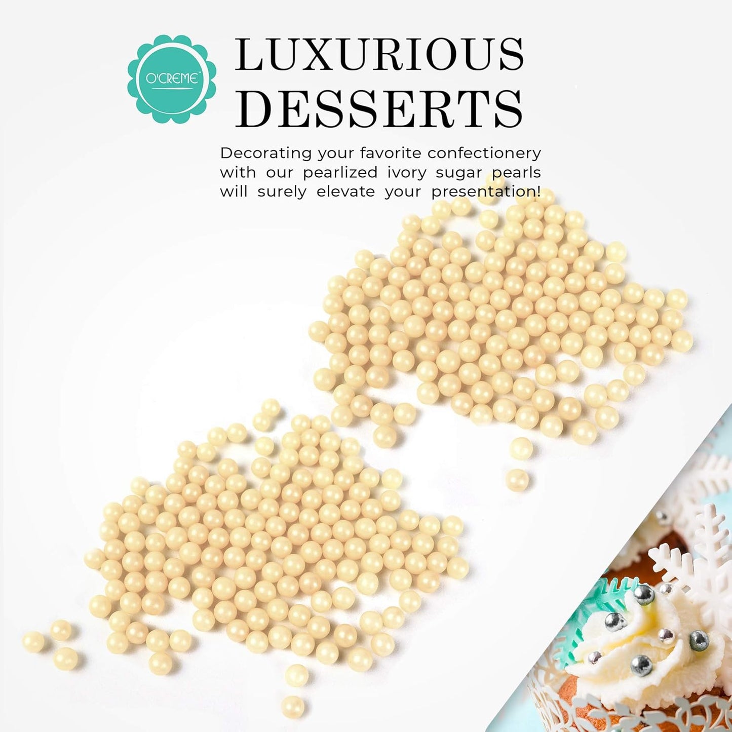 O'Creme Ivory Edible Sugar Pearls Cake Decorating Supplies for Bakers: Cookie, Cupcake & Icing Toppings, Beads Sprinkles For Baking, Certified, Candy Sugar Ball Accents (10mm, 16 Oz)