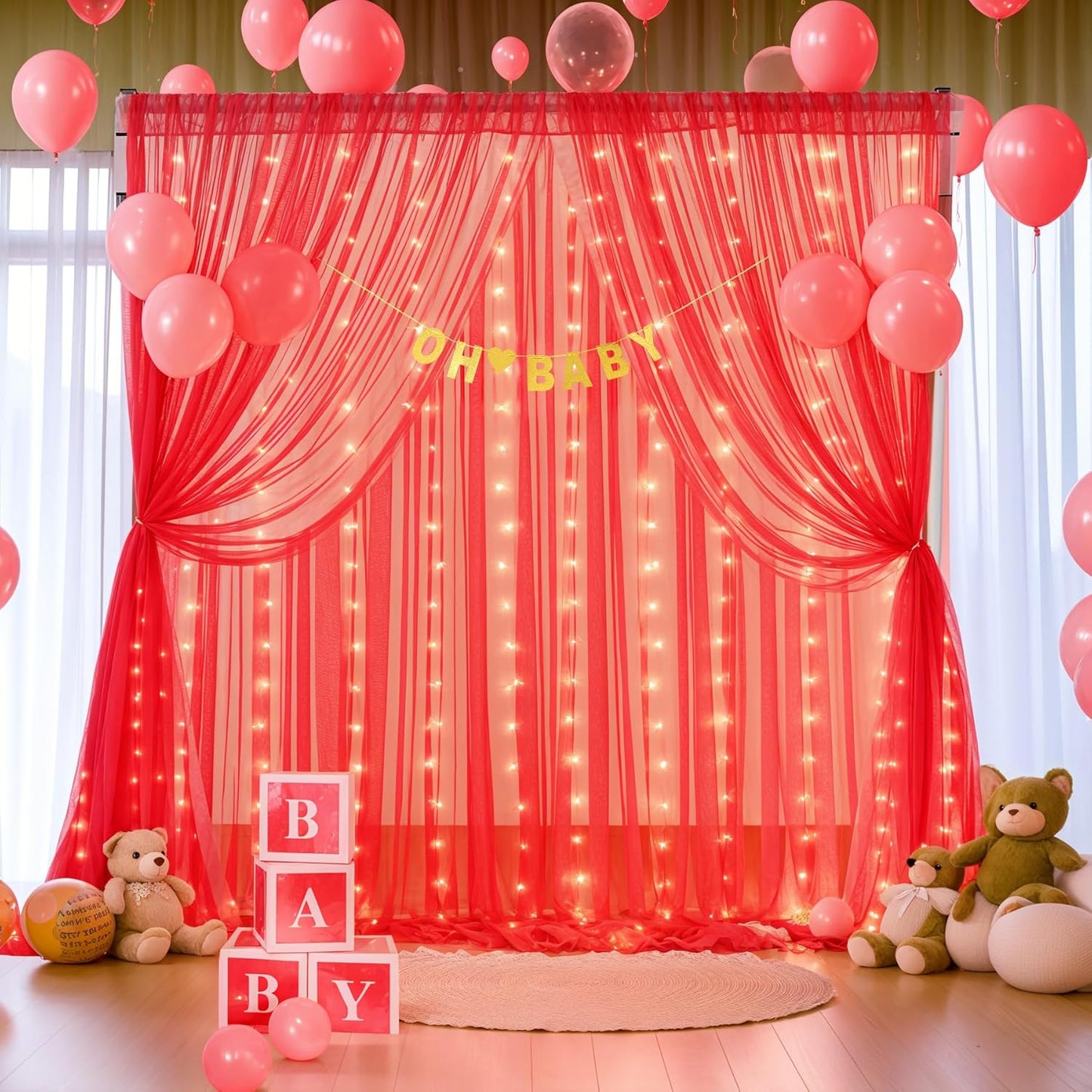 Red Tulle Backdrop Curtain with Lights String for Parites 10x10ft Wrinkle Free Sheer Backdrop Curtains for Birthday Party Bridal Shower Baby Shower Christmas Wall Photo Booth Background Decorations