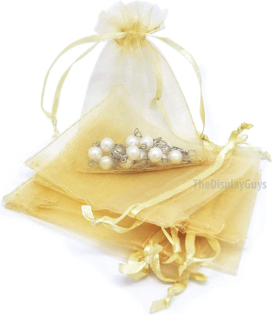 TheDisplayGuys 100-Pack 3x4 Gold Sheer Organza Gift Bags with Drawstring, Jewelry Candy Treat Wedding Party Favors Mesh Pouch