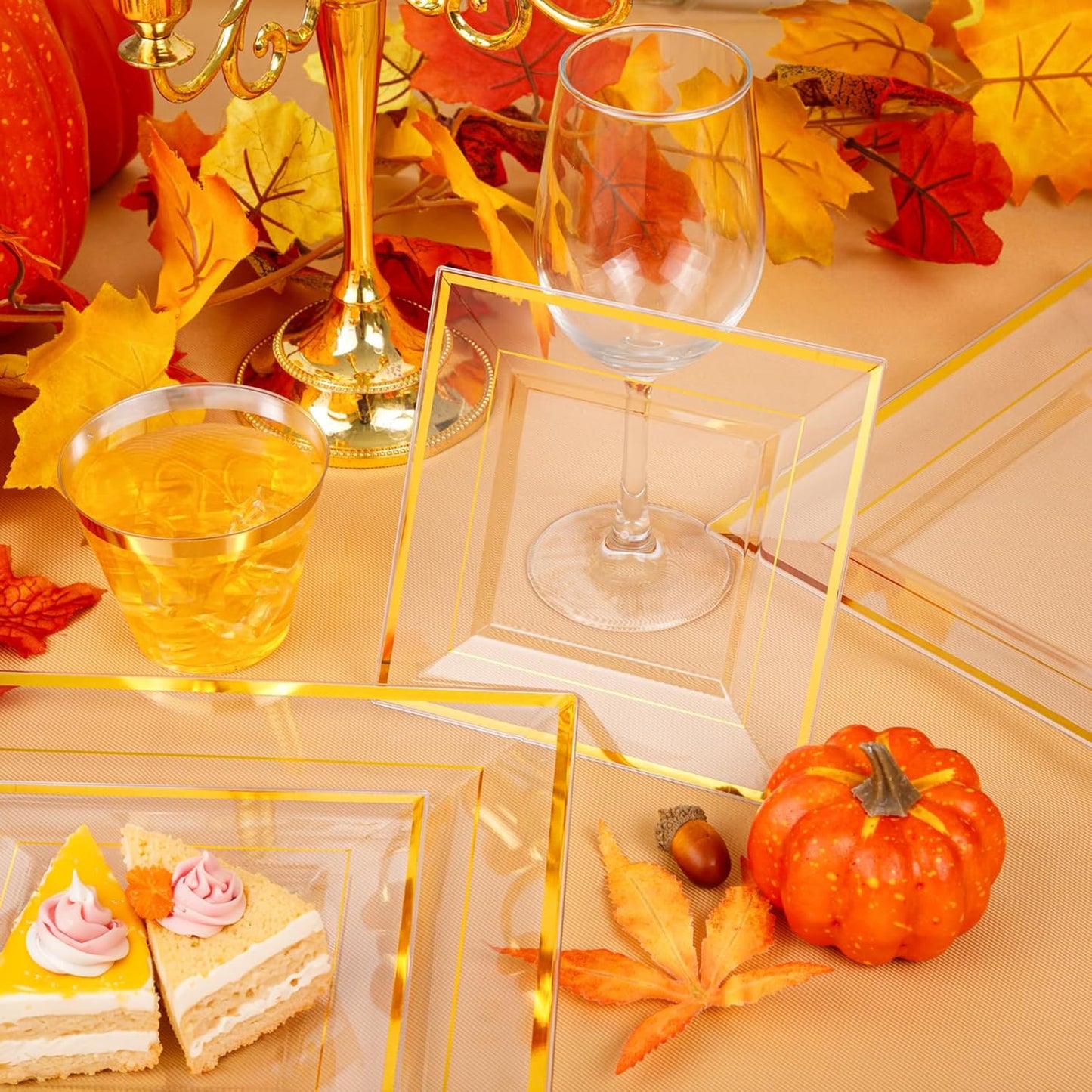 Festiva 350Pcs Clear Plastic Plates with Gold rim - Clear Gold Disposable Dinnerware for 50 Guests include 100 Square Plastic Plates 50Cups 50Cutlery 50Napkins Perfect for Thanksgiving Party&Wedding