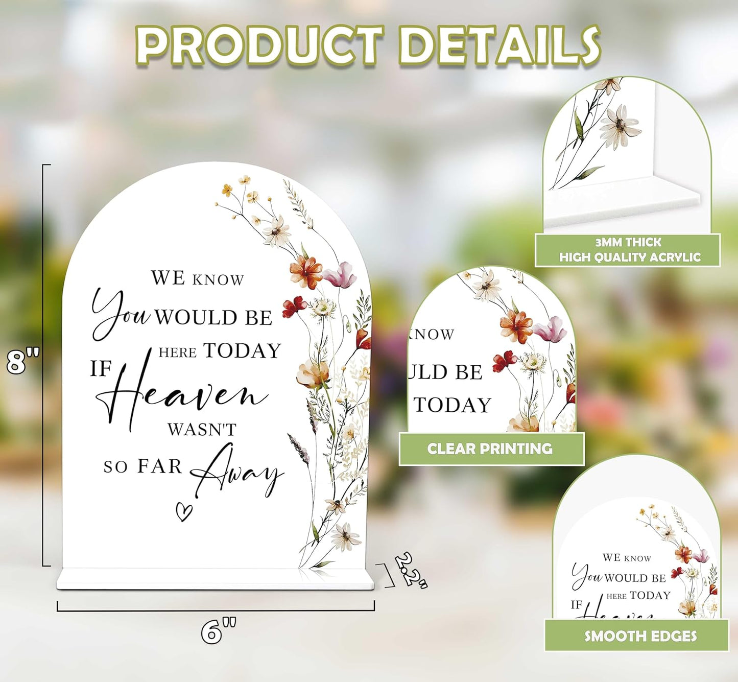 Boho Floral Wedding Memorial Sign, 6 x 8 Inch White Arch Acrylic Wedding Sign with Holder, Wedding Decoration, Wedding Supplies