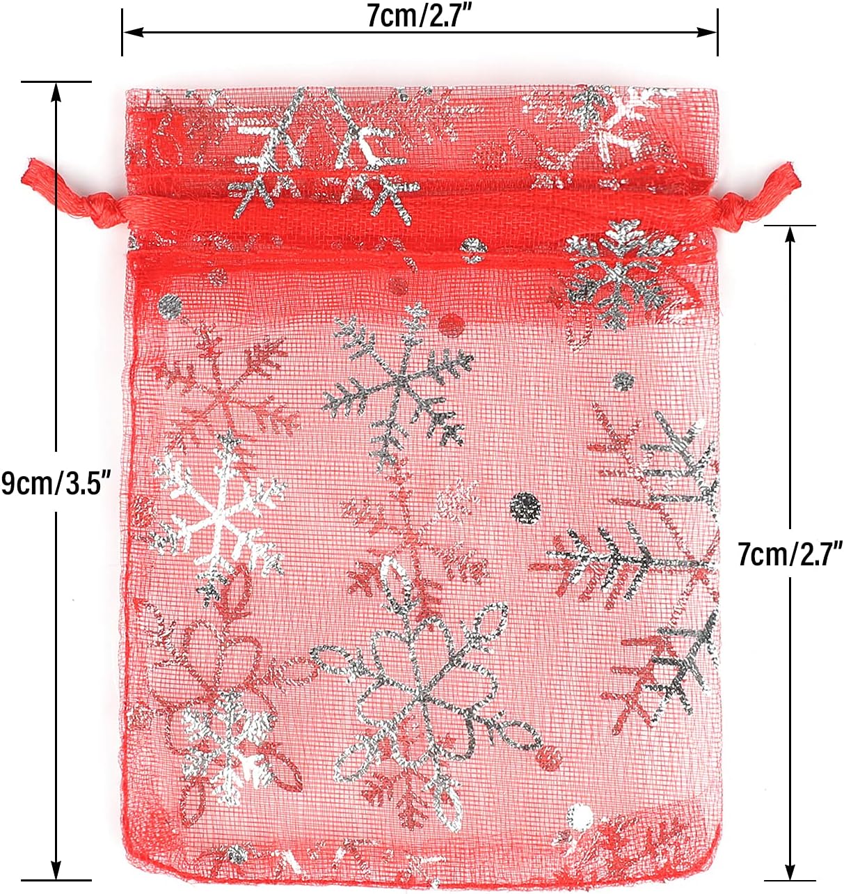 jijAcraft 3x4 Inch Christmas Organza Bags - 50Pcs Red Snowflake Gift Bags with Drawstring, Xmas Party Favor Sheer Mesh Pouches for Winter Gift, Candy, Jewelry Bag