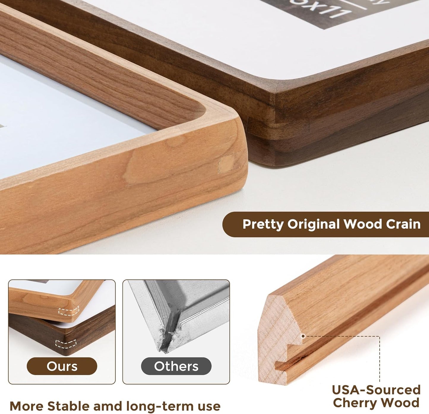 9x12 Picture Frame USA-Sourced Natural Cherry Wood Solid Original Wood Photo Frame Rounded Corner with Mat to 6x8 Picture Display with Real Glass Family Picture, Wedding Picture, Photo, Certificate