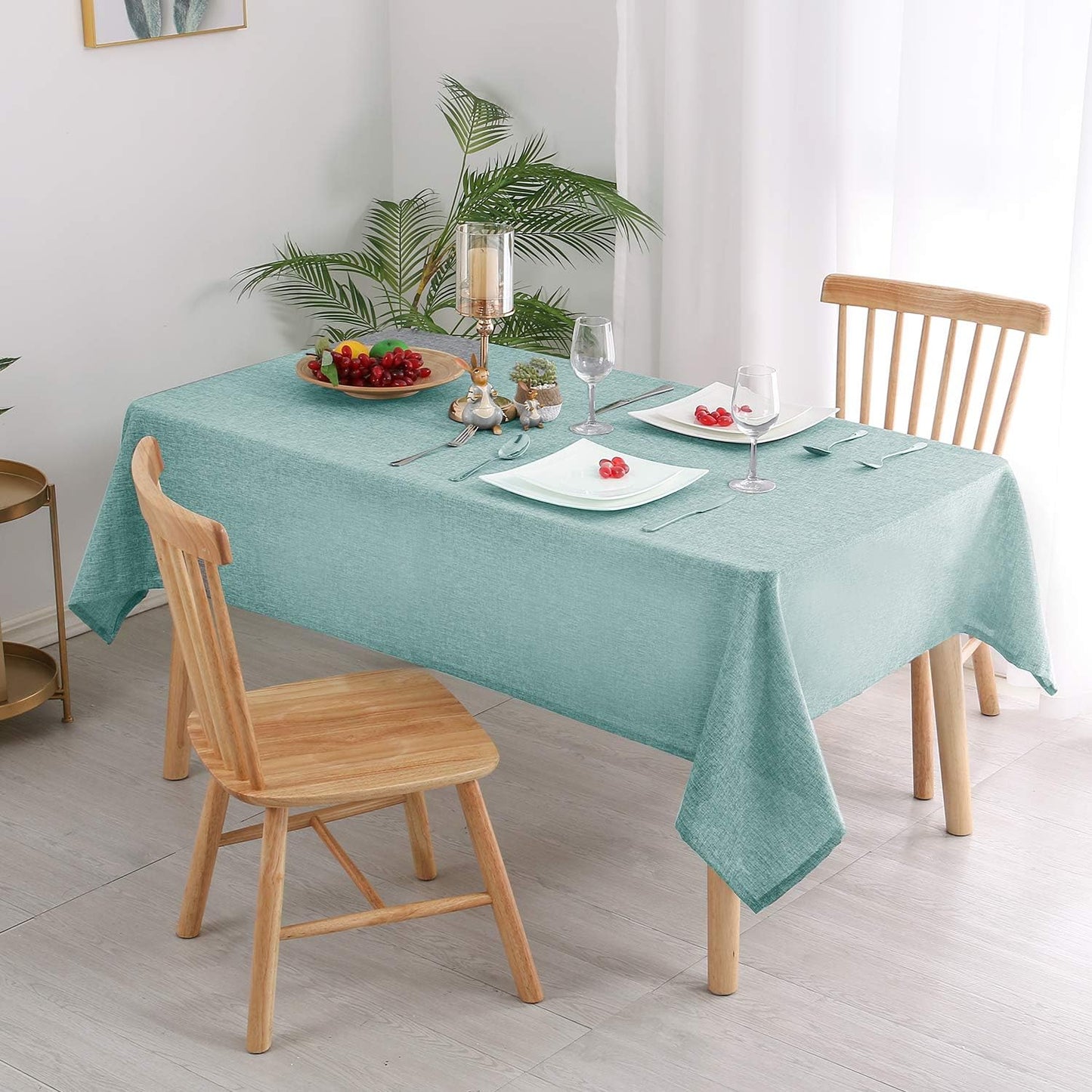 Hiasan 2 Pack Faux Linen Rectangle Tablecloth - Wrinkle and Stain Resistant Washable Table Cloth for Kitchen Dining Room Holiday Table Cover for Party Dinner, Aqua, 60 x 102 Inch