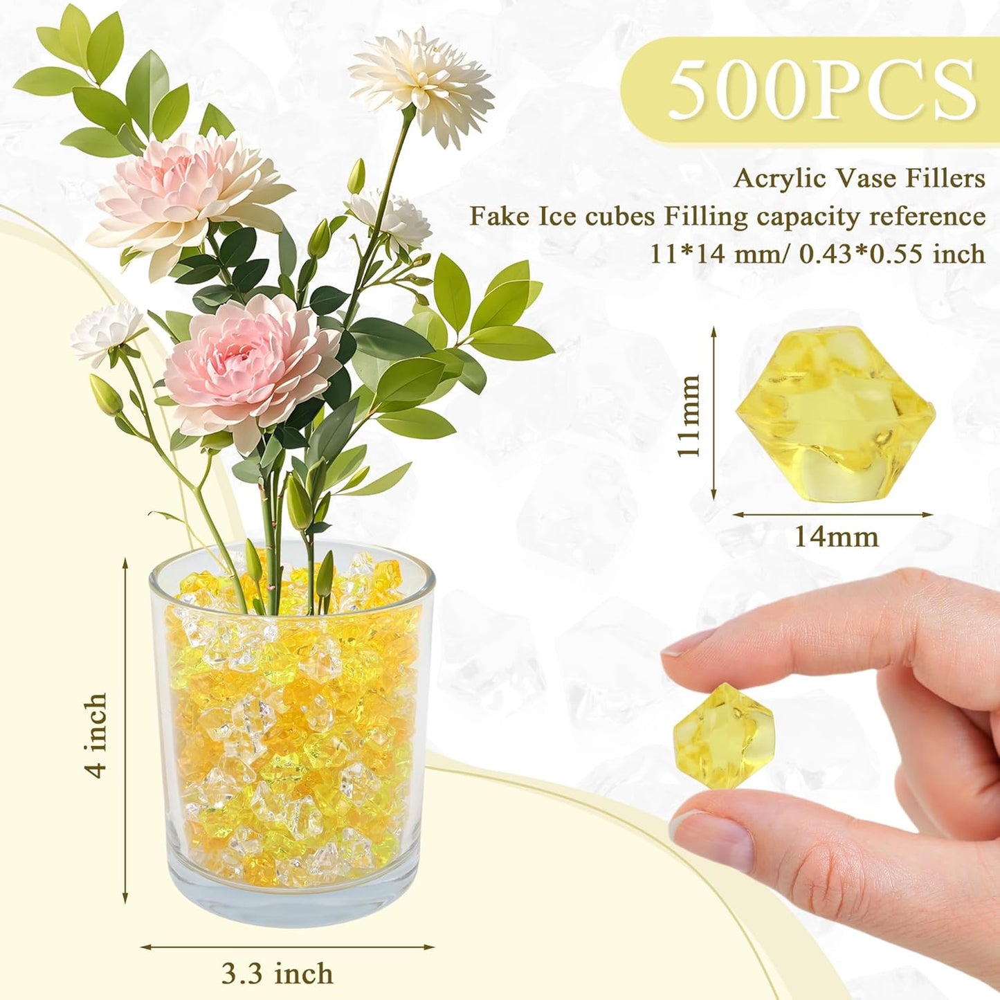 YATOJUZI 500pcs Fake Ice Cubes Yellow Assorted Acrylic Crushed Rocks Vase Fillers Plastic Diamonds Gems for DIY Party Wedding Centerpiece Table Scatter Prop Display 0.5" (Random Color)