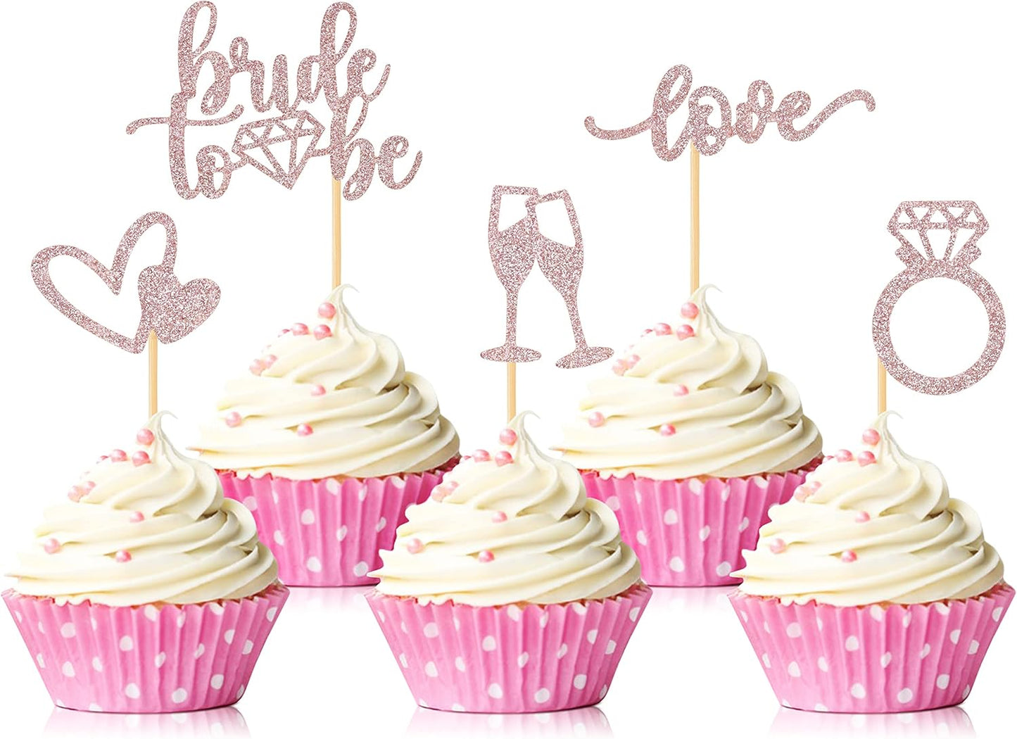 35 PCS Glitter Diamond Ring Bride to be Love Cupcake Topper Champagne Cake Picks Decorations for Bridal Shower Wedding Engagement Party Supplies, Rose Gold