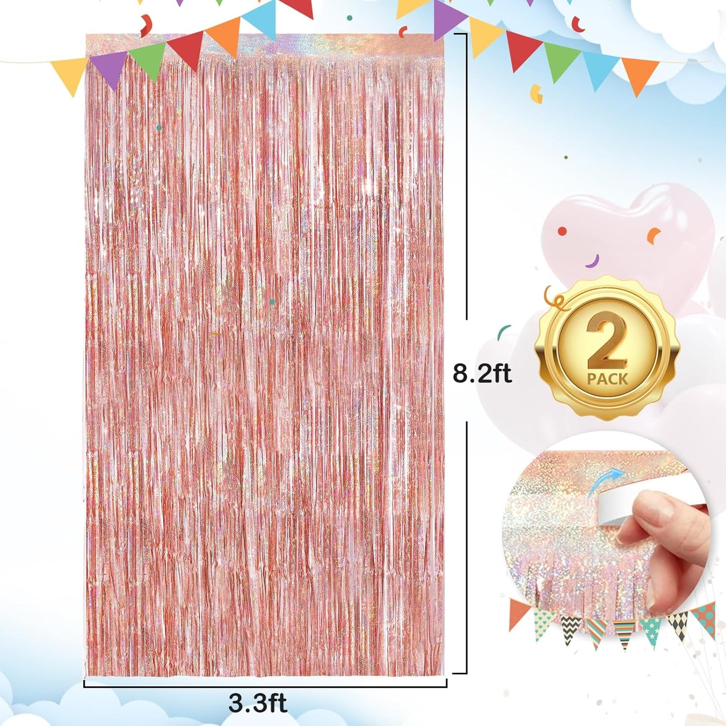 Rose Gold Foil Party Streamers 2 Pack Metallic Tinsel Fringe Curtain 3.3X 8.3ft Streamer Curtains Anniversary Thanksgiving Christmas Party Photo Booth Tinsel Curtain Streamers for Parties Decoration