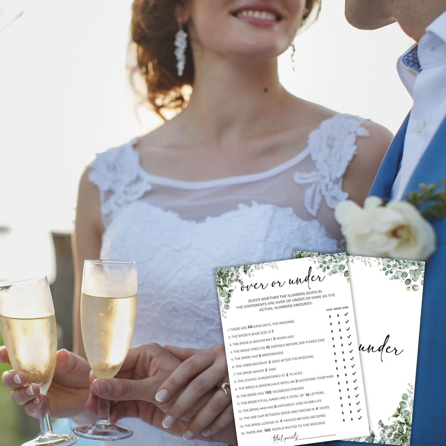 Eucalyptus Bridal Shower Game Cards - Over or Under, Wedding Engagement Bachelorette Party Bridal Shower Games for 30 Guests, Double Sided Cards Set of 30, Activity Supplies & Favor/A02