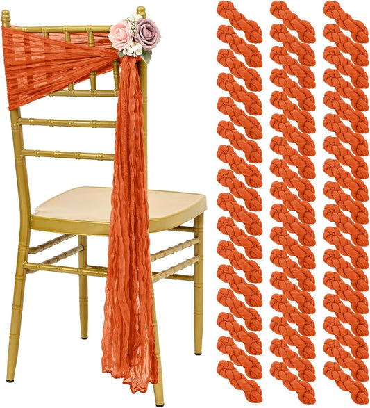 50 PCS Cheesecloth Chair Sashes, Bows Designed ChairSashes, 15.7x108 inch Chair Sashes for Aisle Decorations Universal Chairs Cover Decoration for Wedding Reception Party Banquet (Burnt Orange)
