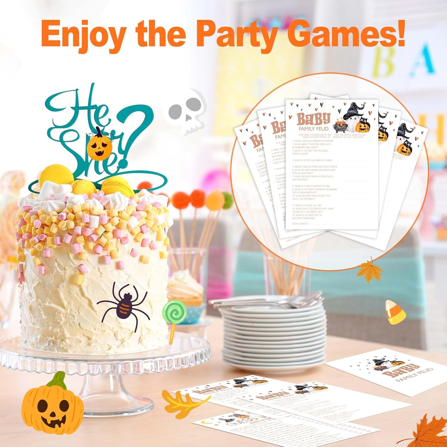 Baby Shower Games, Halloween Baby Family Feud, 25 Double-Sided Game Cards + 1 Answer Card for Gender Reveal Party Decorations Supplies Announcement - B06