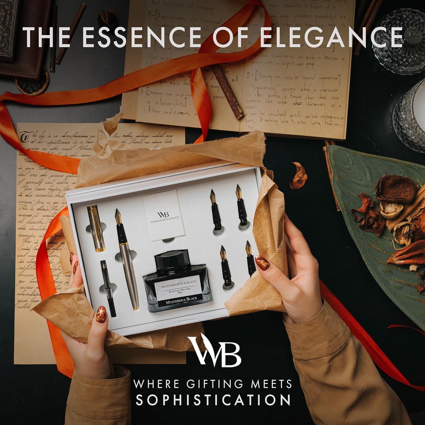 Wordsworth & Black Fountain Pen Gift Set, Includes Ink Bottle, 6 Ink Cartridges, Refill Converter, 4 Replacement Nibs, Premium Package, Journaling, Calligraphy, Smooth Writing Pens [Silver Gold]