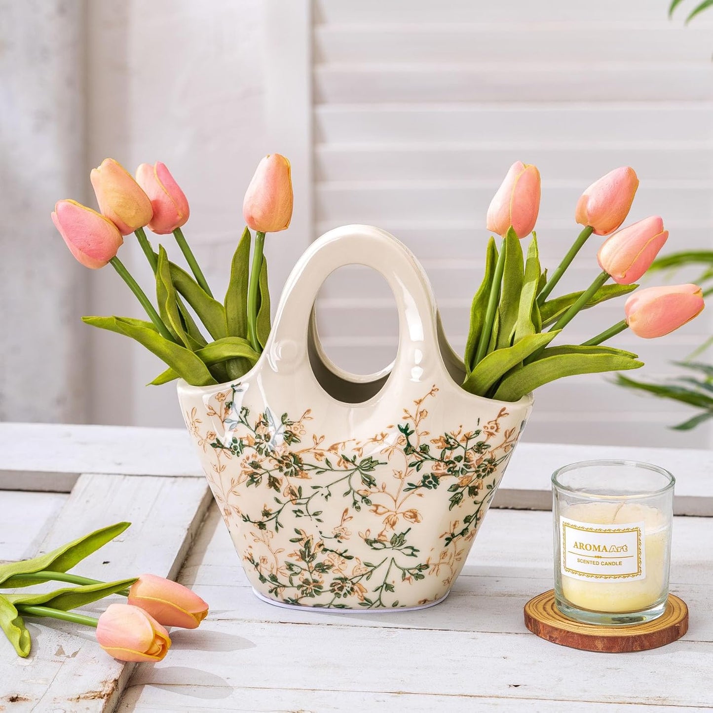 Ceramic Purse Vase for Flowers, Cute Handbag Vases, Vintage Green and Beige Floral Vase, Rustic Farmhouse Vases for Living Room, Kitchen, Bedroom, Table Centerpiece, Chinoiserie and Tuscan Decor 9 in