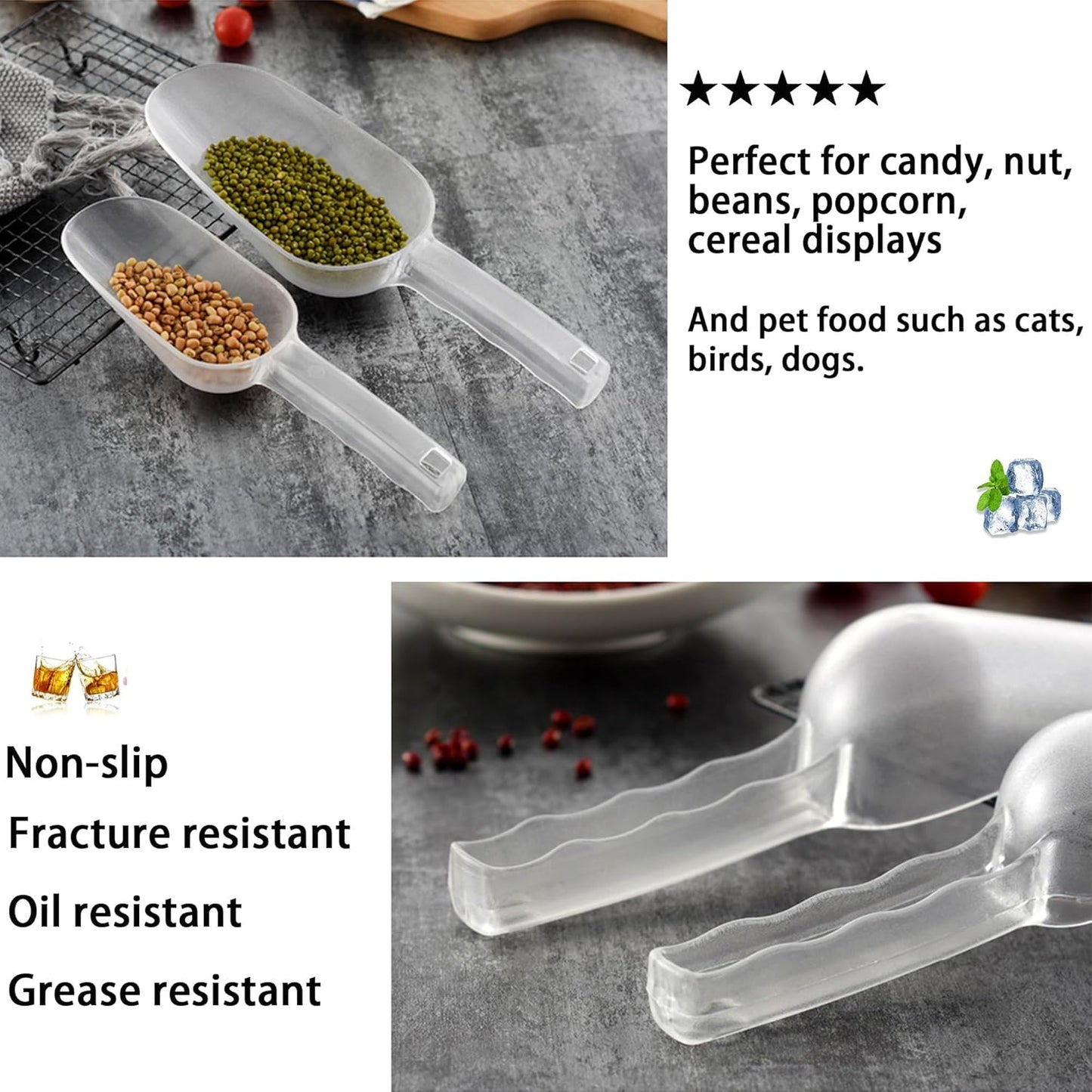 3PCS Clear Plastic Ice Scoop, 24 ounces Alec Ice Scoop, Kitchen Scoop for Ice Bucket Ice, Popcorn, Coffee Beans, Flour (24 oz.)