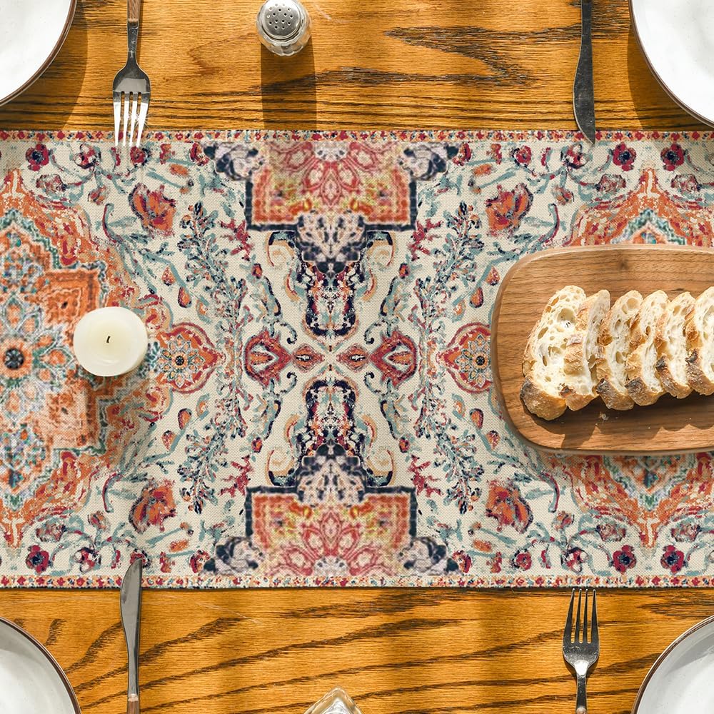 Artoid Mode Boho Bohemia Style Orange Table Runner, Country Rustic Farmhouse Magical Fall Kitchen Dining Table Decoration for Home Party Decor 13x108 Inch