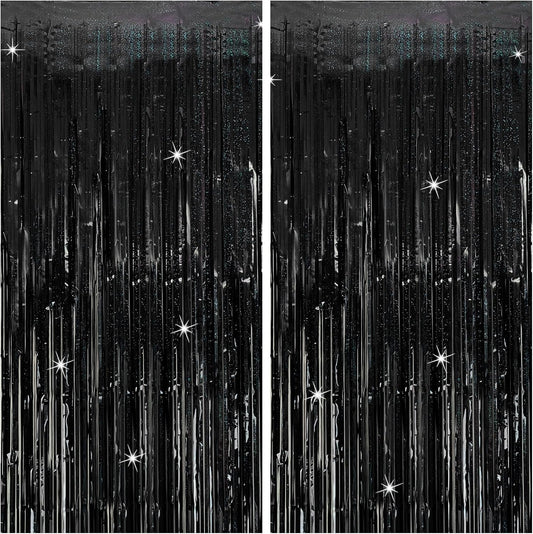 Tinsel Curtain Backdrop Black Birthday Party Decorations 2 Packs Glitter Foil Fringe Curtain Party Decor Streamers Photo Booth for Birthday Christmas Wedding Halloween Graduation Decorations