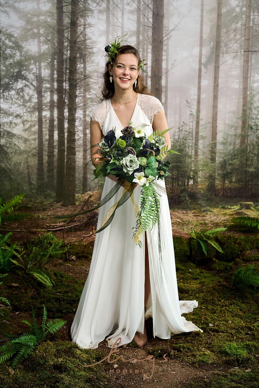 Ling's moment Forest Green Bridal Bouquet Cascading, Emerald Green Wedding Bouquets for Bride, 13 Inch Bride Bouquets for Wedding Artificial Flowers Bouquets