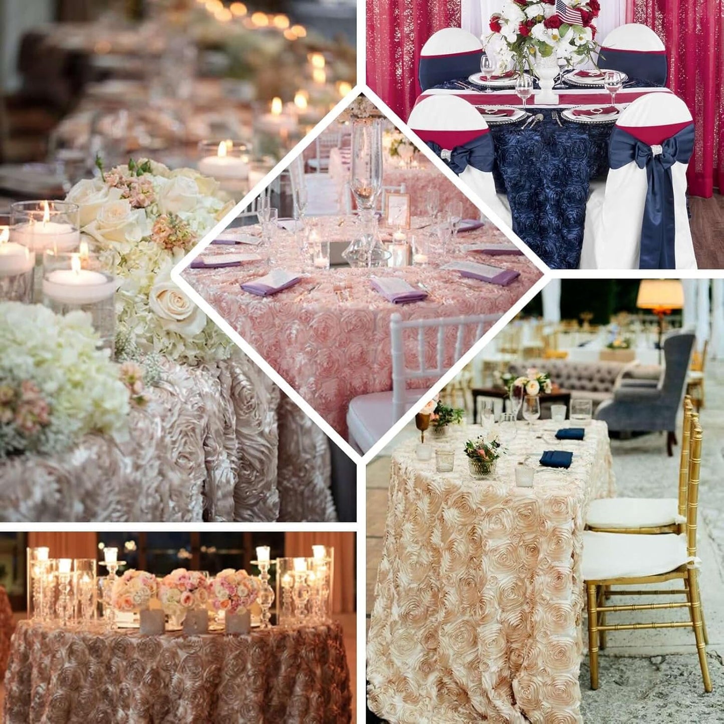 Efavormart 132" Wholesale Round Table Cover Champagne Grandiose Rosette 3D Satin Tablecloth for Wedding Party Event Decoration