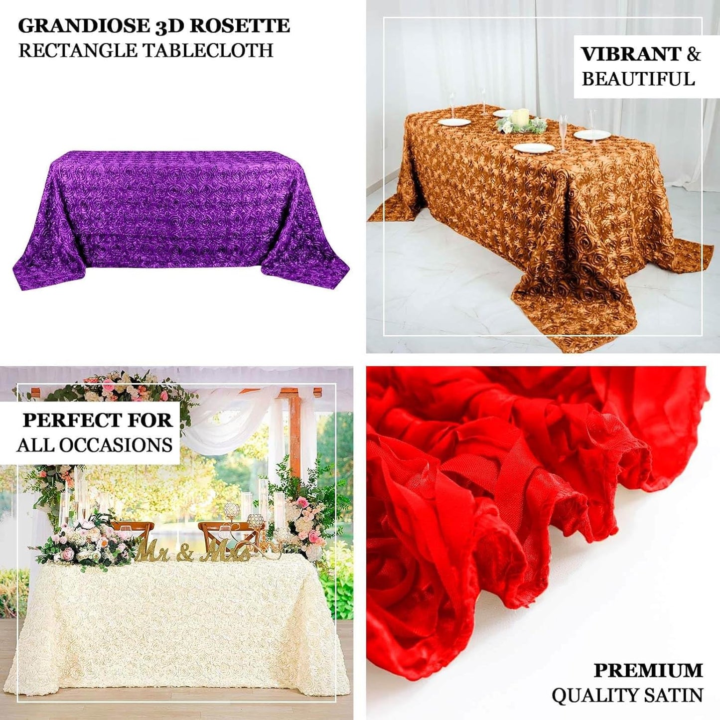 Efavormart 90"x132" Wholesale Rectangle Table Cover Black Grandiose Rosette 3D Satin Tablecloth for Wedding Party Event