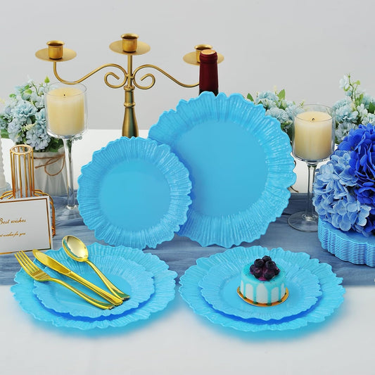 50 Pcs Blue Floral Plastic Plates, Fancy Disposable Plate, Heavy Duty Plastic Plates Set include 25 10" Dinner & 25 7.5" Dessert Plates for Party & Wedding
