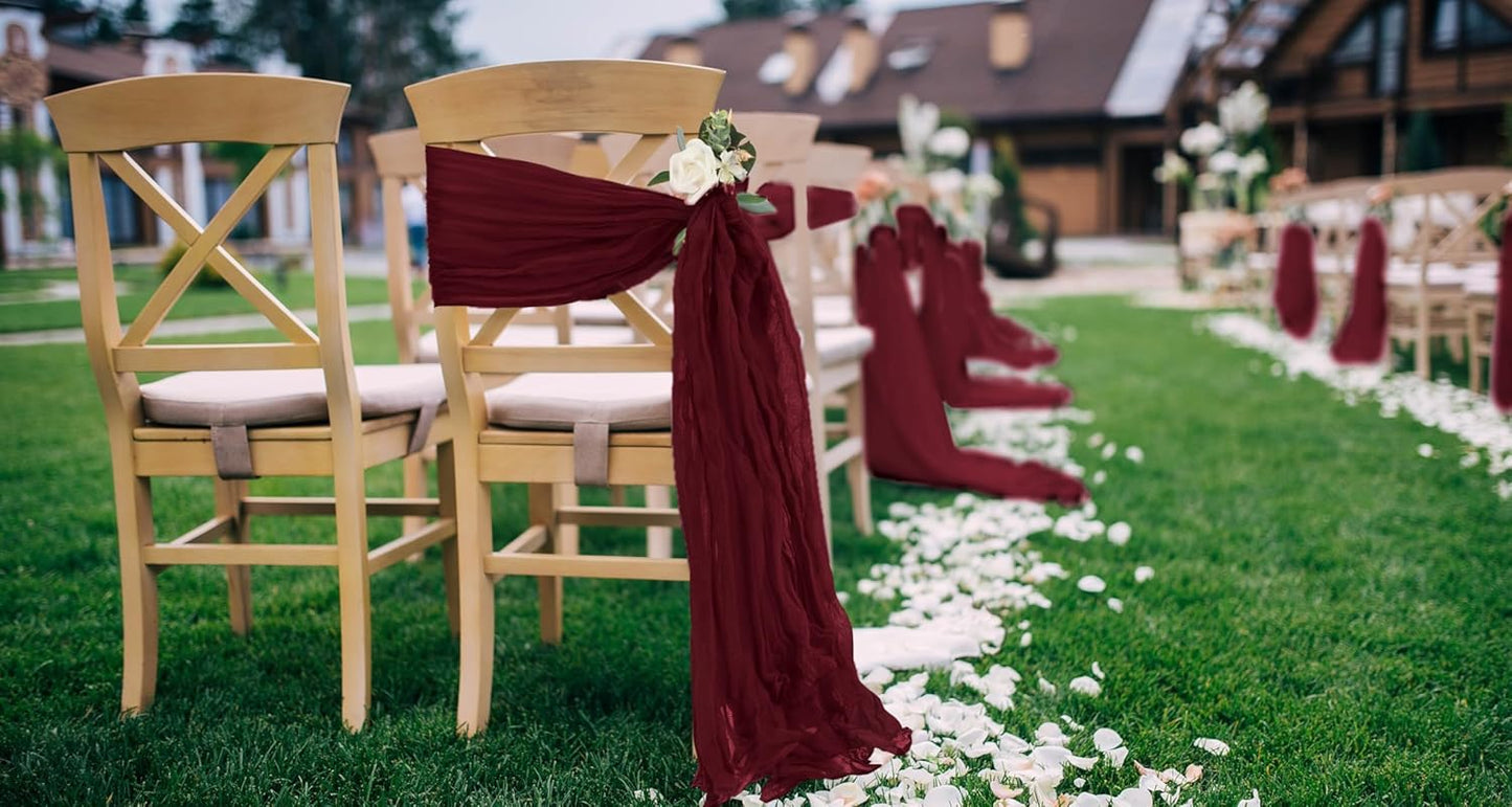 50 PCS Cheesecloth Chair Sashes, Bows Designed ChairSashes, 15.7x108 inch Chair Sashes for Aisle Decorations Universal Chairs Cover Decoration for Wedding Reception Party Banquet (Burgundy)