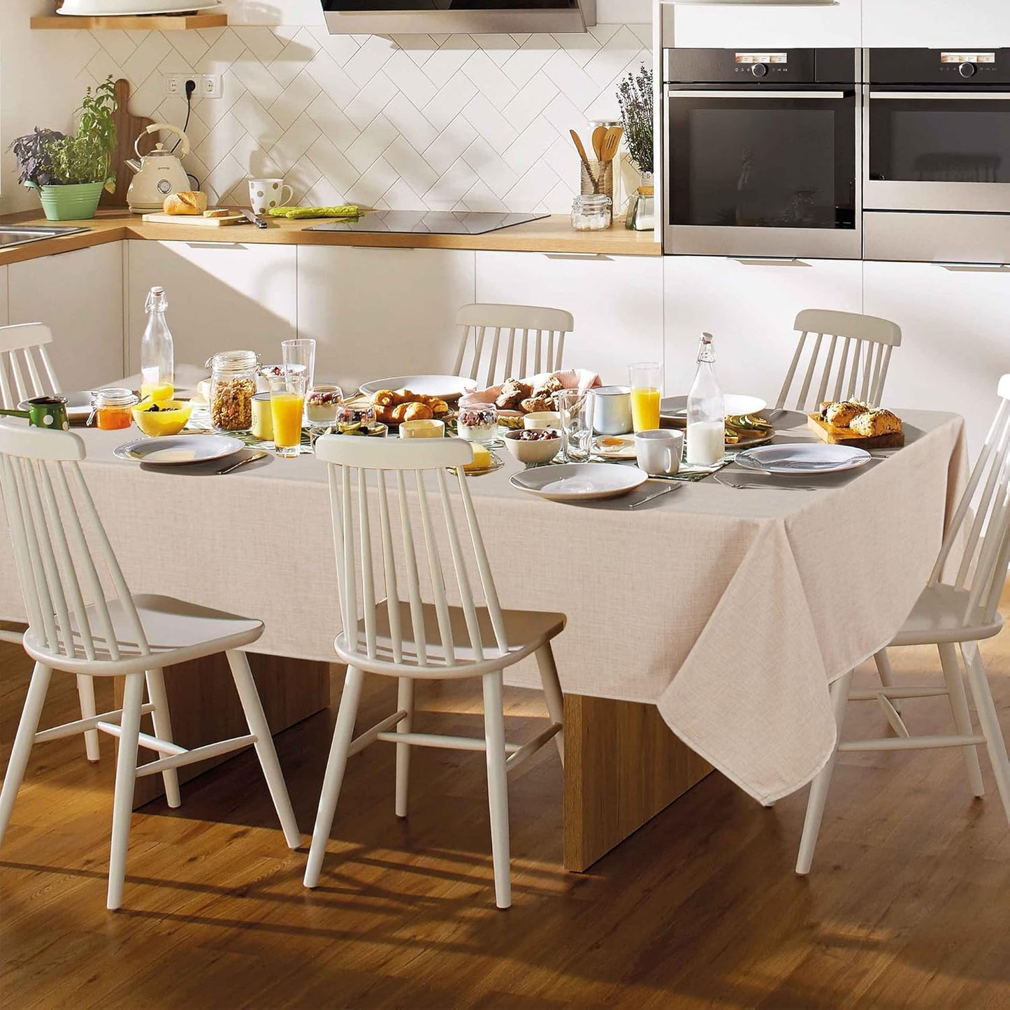 Fitable Beige Faux Linen Tablecloth 54 x 78 Inch - Wrinkle Resistant Fabric Rectangle Table Cloth, Indoor Outdoor Table Cover for Kitchen Dining, Camping, Farmhouse
