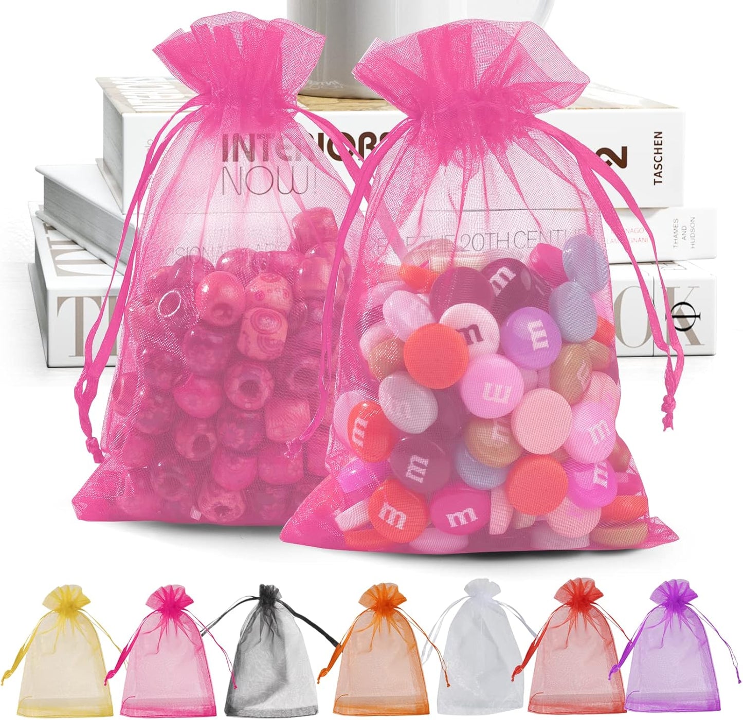 ANZNKU 100 Pack 4x6 inches Pink Drawstring Organza Mesh Bags, Wedding Favor Gift Bags For Party, Festival, Christmas, Sheer Organza Favor Candy Bag