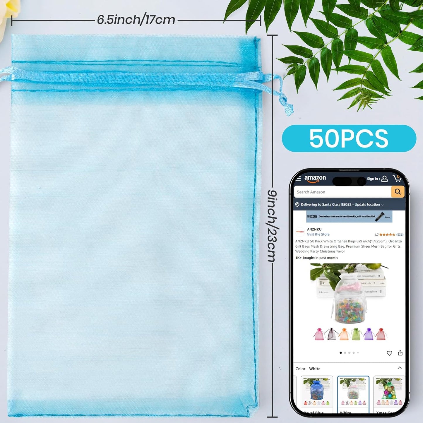 ANZNKU 50 Pack Organza Bags 6x9 Inch, Mesh Bag Drawstring Large Organza Gift Bags for Baby Shower, Party Favors(Lake Blue)
