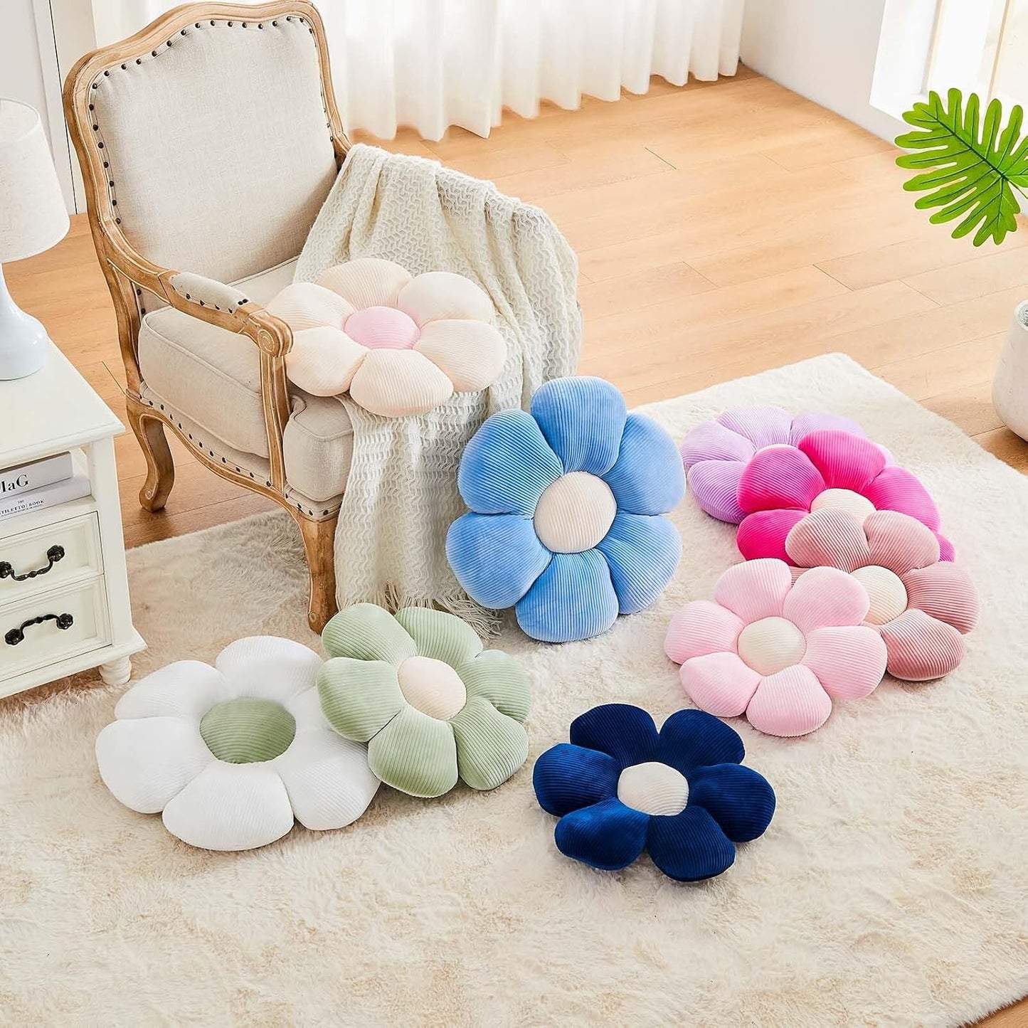 White Flower Pillow, 17.7" Cute Flower Shaped Floor Pillow, Aesthetic Floral Plush Daisy Decorative Throw Pillows for Bed Sofa Couch