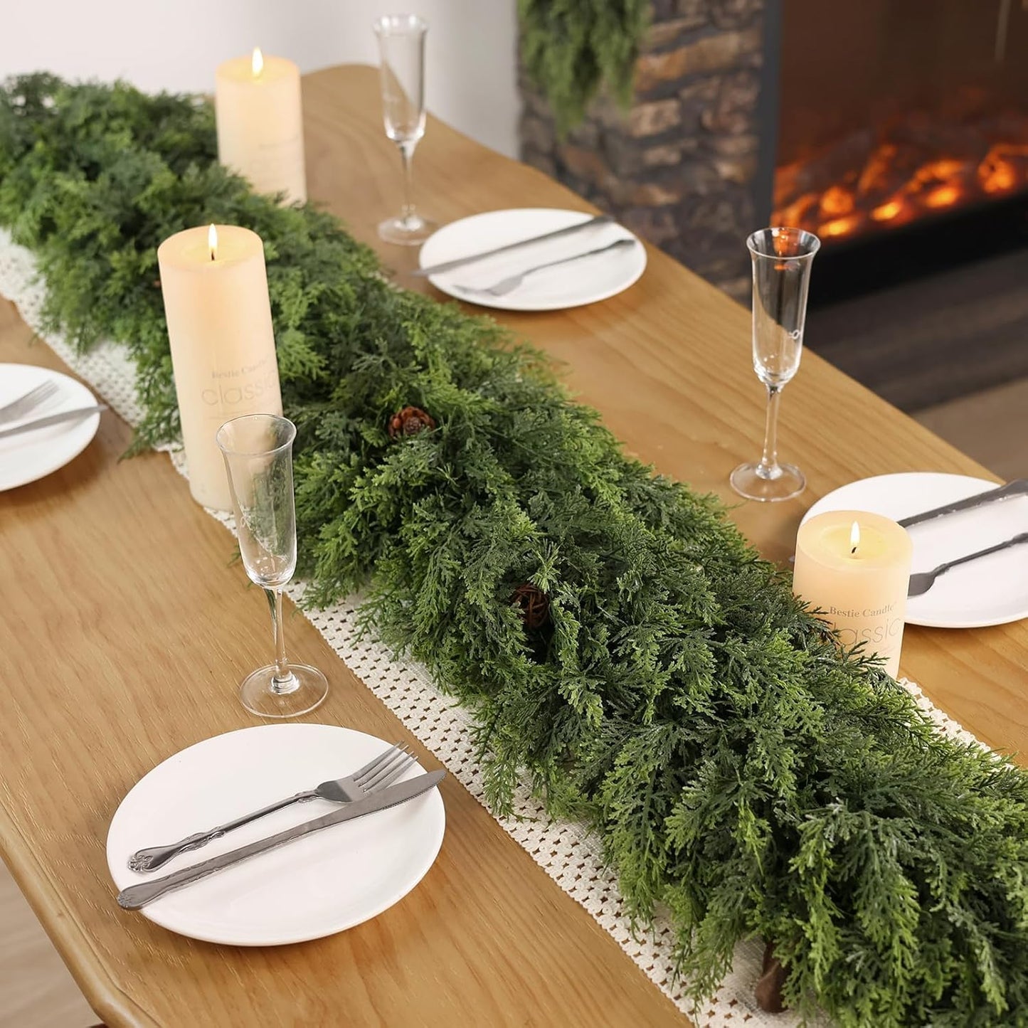Christmas Cedar Garland - 9ft Artificial Cedar Garland Faux Lush Green Fake Pine Needles for Fireplace,Table,Window,Stairs,Mante,Holiday Indoor Outdoor Xmas Decor(1PCS)