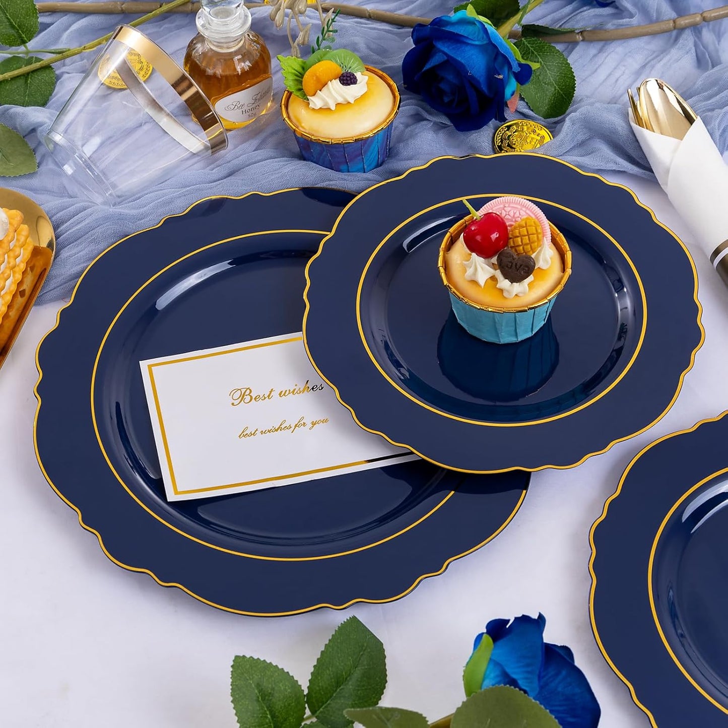 Liacere 350PCS Navy Blue Plastic Plates-Disposable Blue Gold Plates 50guest Plastic Dinnerware include 100Plates,50Pack Pre Rolled Napkins with Silverware 50Cups for Wedding＆Halloween