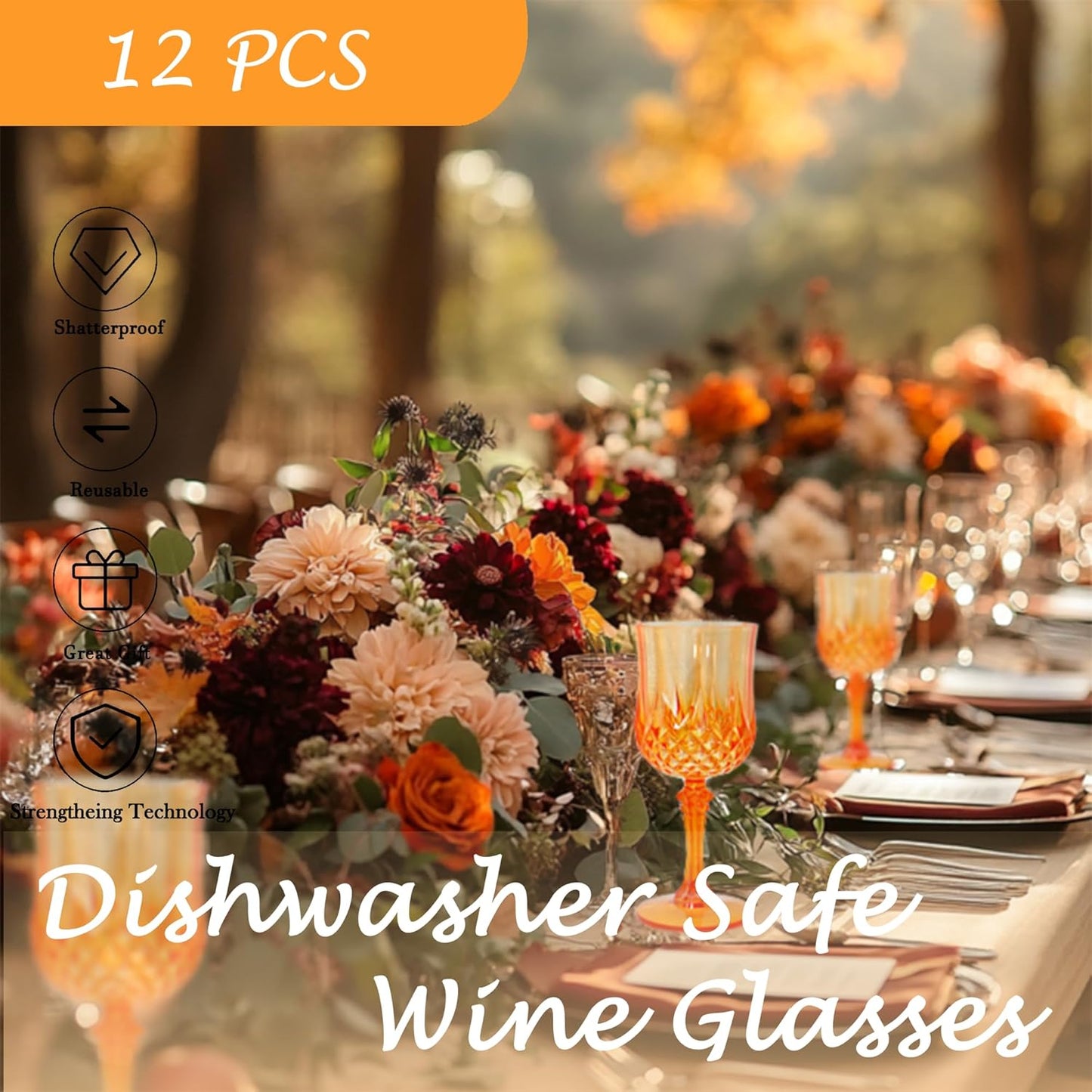 Plastic Wine Glasses，Plastic Goblets Vintage Style Cordial Drinking Glasses for Wedding Reception, Halloween Grand Event Party Supplies (12, Pumpkin orange)